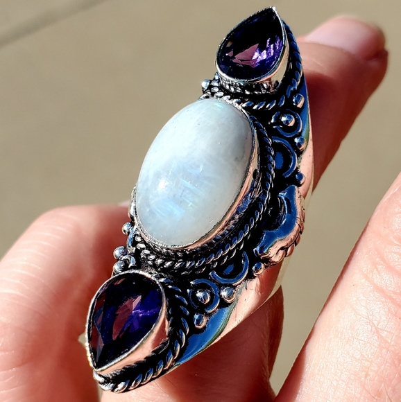 New Rainbow Moonstone & Amethyst 925 Silver Statement Ring. - Picture 2 of 16